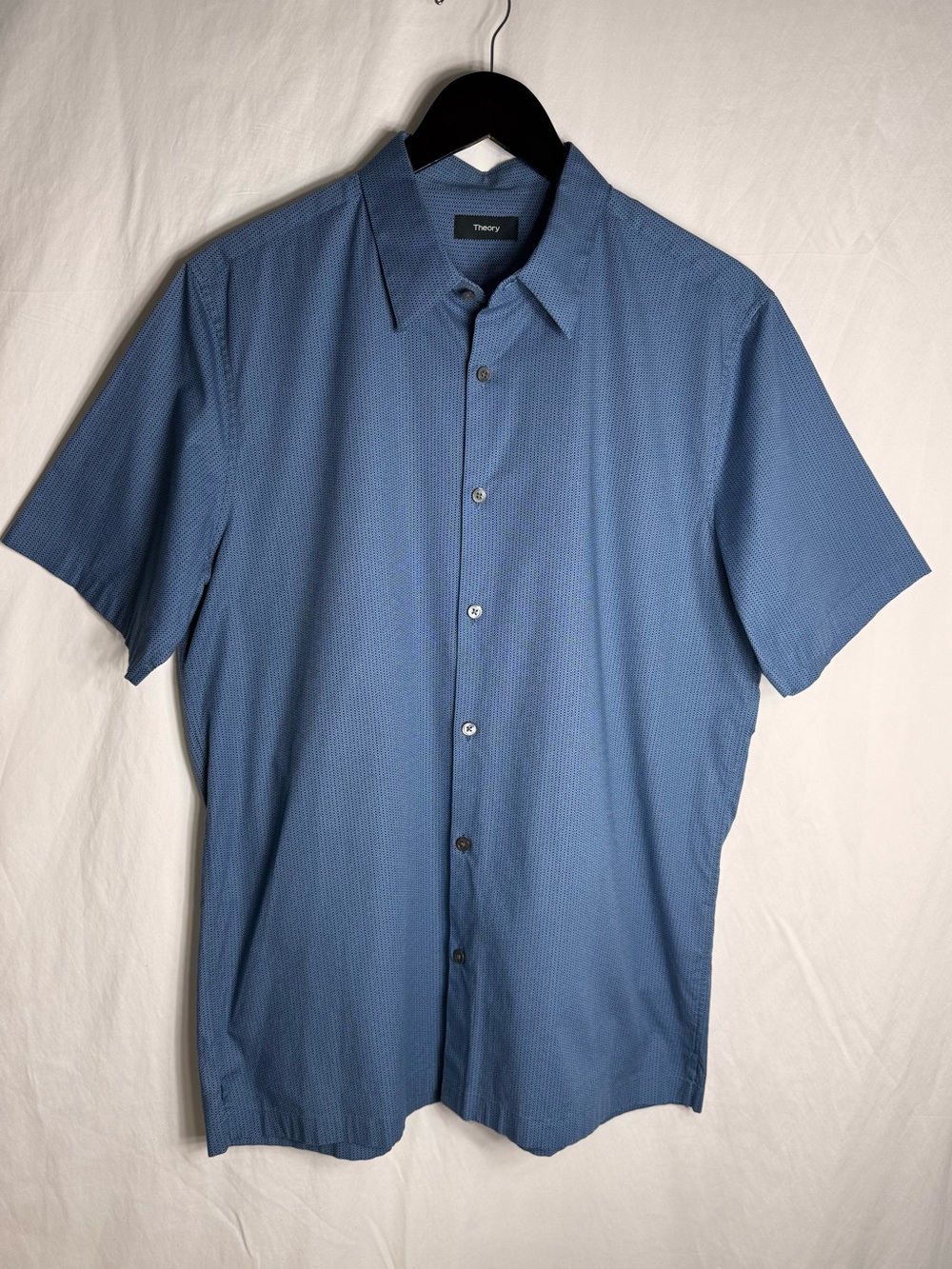 Theory Irving Saxon Print Blue Point Collar Short Sleeve Shirt Size Large